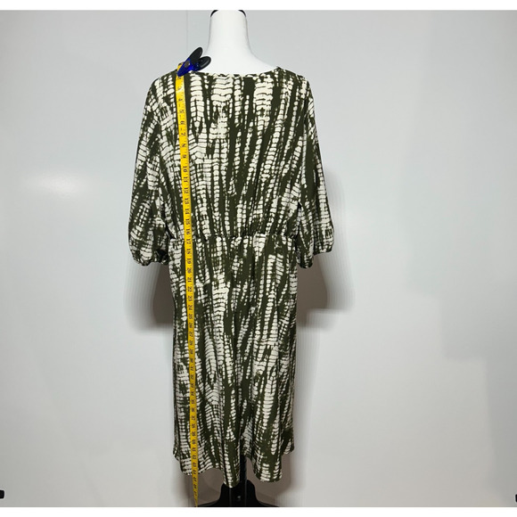 Bloomchic Dress 18-20 Midi Green Cream Abstract Balloon Sleeve V Neck Stretch - Picture 8 of 13